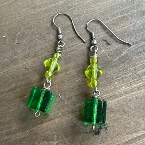 Green Glass Bead Drop Earrings - Unbranded